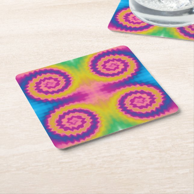Colourful groovy funky retro tie dye pattern fun square paper coaster (Angled)