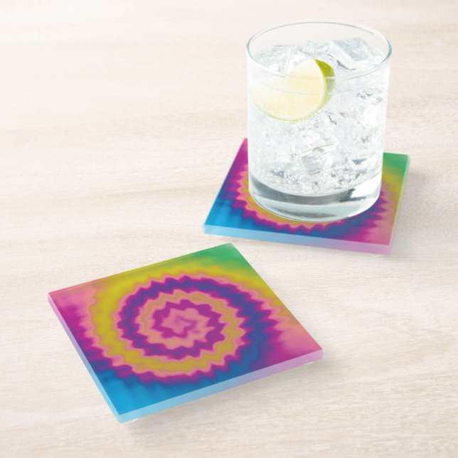 Colourful groovy funky retro tie dye pattern glass coaster (Angled)
