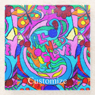 colourful groovy peace and love glass coaster