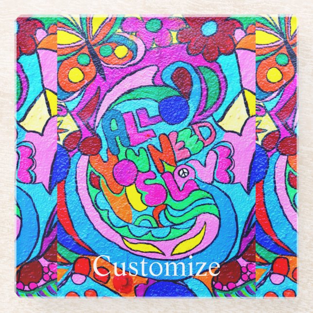 colourful groovy peace and love  glass coaster (Front)