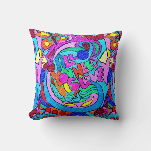 colourful groovy peace and love psychedelic cushion (Front)