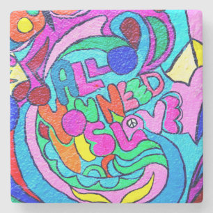 colourful groovy peace and love stone coaster