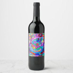 colourful groovy peace and love  wine label