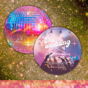 Colourful Groovy Pink Glitter Disco Ball Wedding Invitation