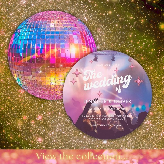 Colourful Groovy Pink Glitter Disco Ball Wedding Invitation (Front / Back)