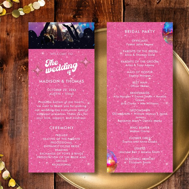 Colourful Groovy Pink Glitter Disco Ball Wedding Program (Front / Back)
