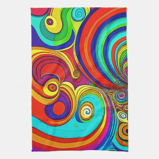 Colourful Groovy Rainbow Swirls Tea Towel (Vertical)