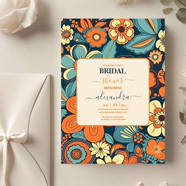 Colourful Groovy Retro 70s Floral Bridal Shower Invitation (Creator Uploaded)