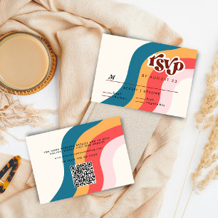 Colourful Groovy Retro 70s Wedding RSVP QR Code Enclosure Card