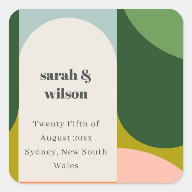 Colourful Groovy Retro Arch Bold Abstract Wedding Square Sticker (Front)
