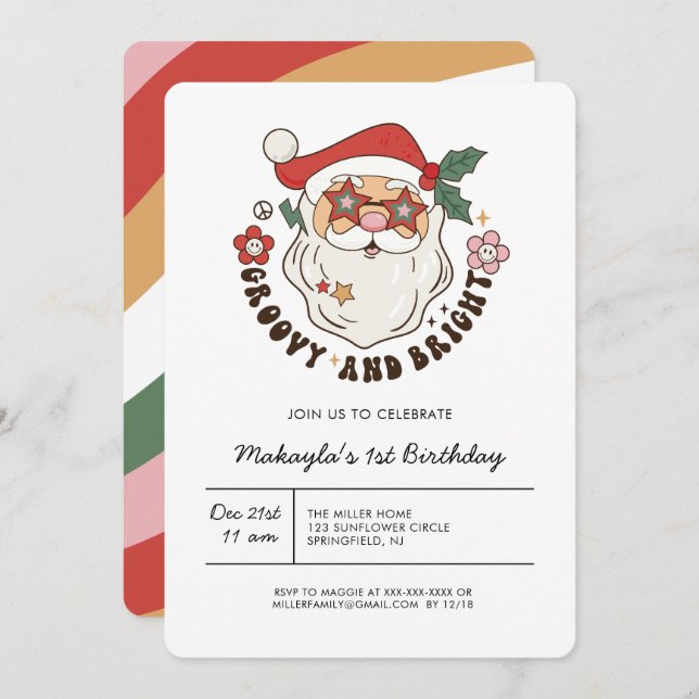 Colourful Groovy Retro Christmas Birthday  Invitation (Front/Back)