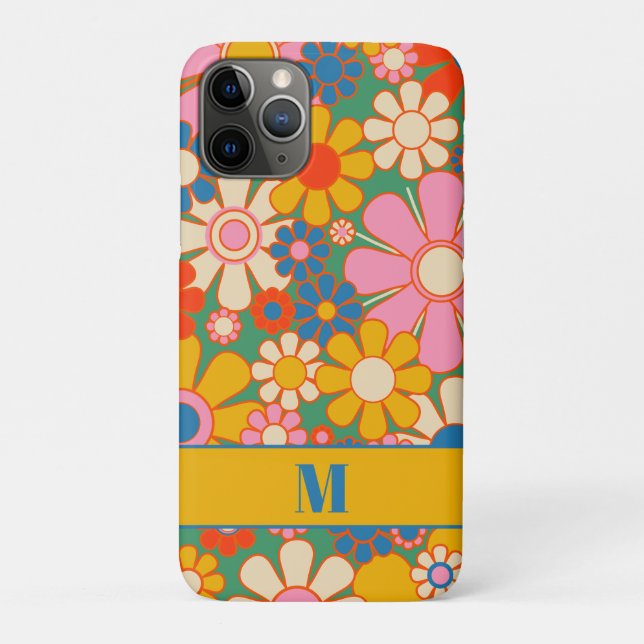 Colourful Groovy Retro Floral Pattern with Initial Case-Mate iPhone Case (Back)