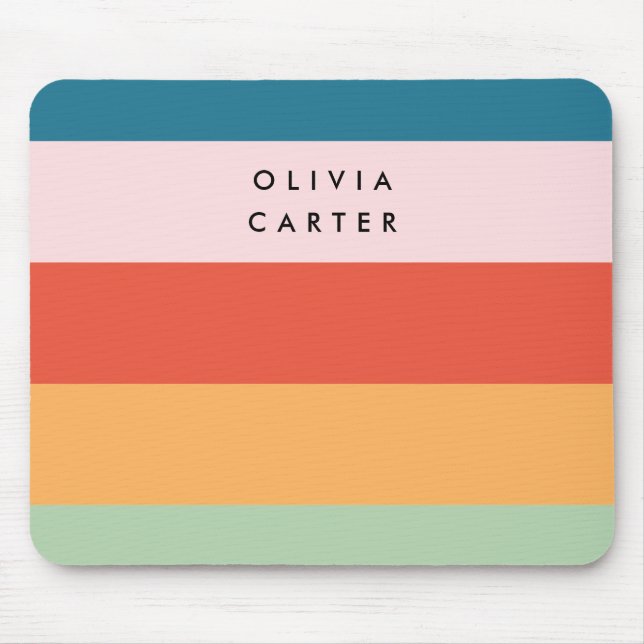 Colourful Groovy Retro Horizontal Stripe Name Mouse Pad (Front)