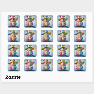 Colourful groundhog wearing colourful hat square sticker