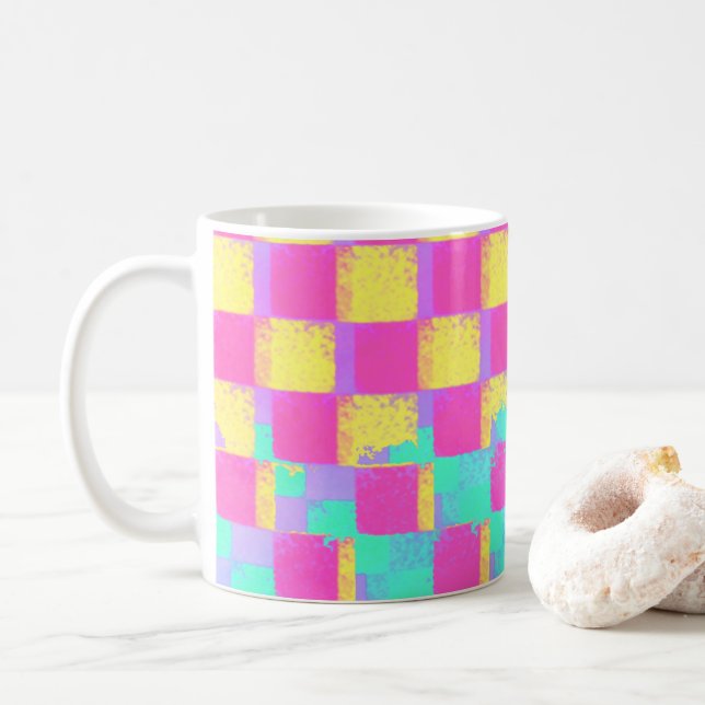 Colourful Grunge Chequerboard Pattern Coffee Mug (With Donut)