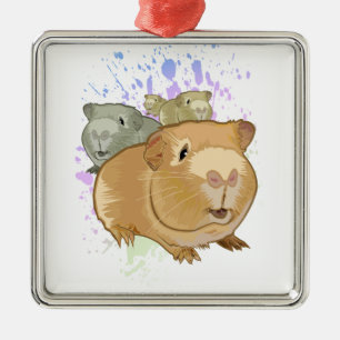 Colourful Guinea Pig Trio Rainbow Paint Splash Metal Ornament