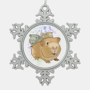 Colourful Guinea Pig Trio Rainbow Paint Splash Snowflake Pewter Christmas Ornament