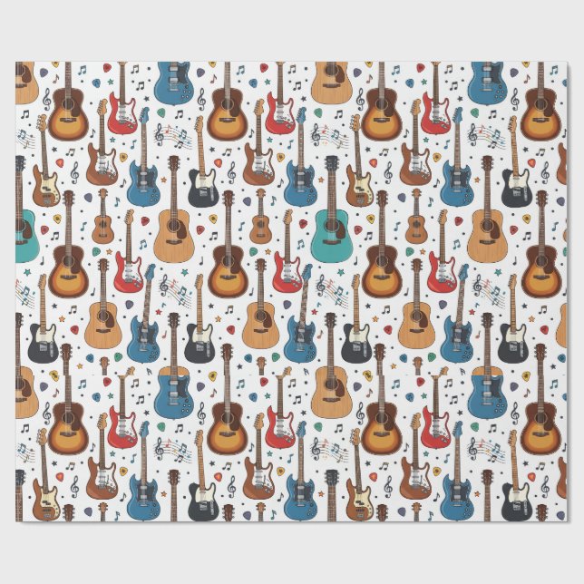 Colourful Guitar and Music Pattern Wrapping Paper (Flat)