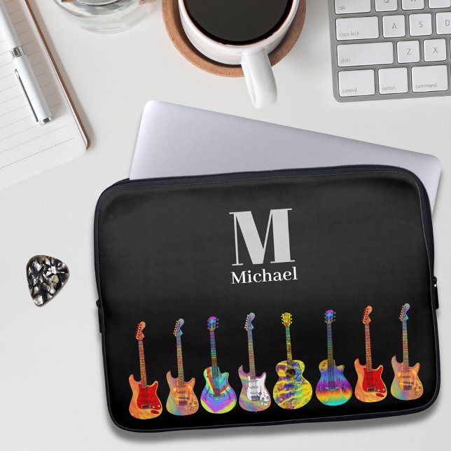 Colourful Guitar Monogram  Laptop Sleeve (Funky guitar pattern on black personalized monogram music teacher guitarist musician performer )