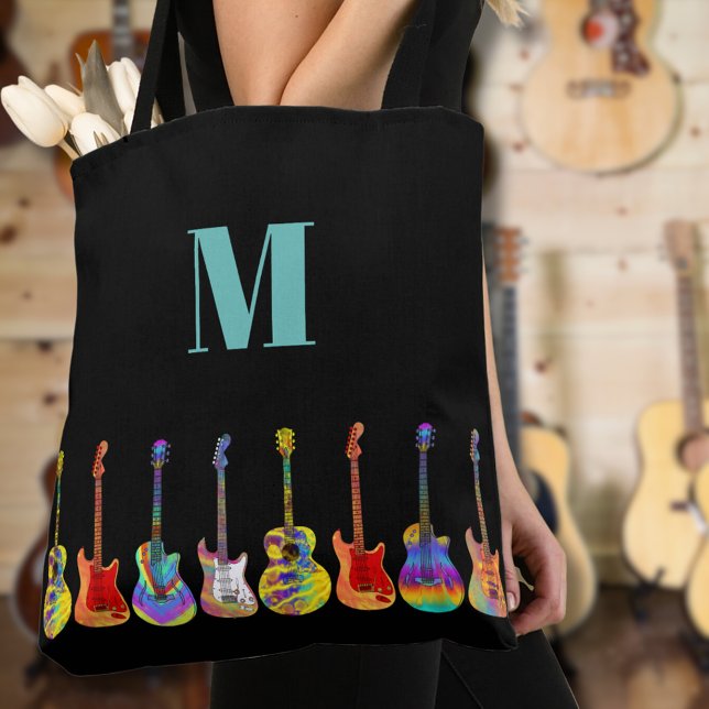 Colourful Guitar Monogram Tote Bag (Colorful guitar monogram custom tote bag for guitarists musicians music teachers )
