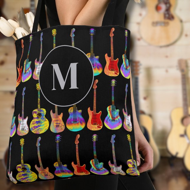 Colourful Guitar Monogram Tote Bag (guitar monogram custom tote bag psychedelic guitars on black for guitarists musicians music teachers)