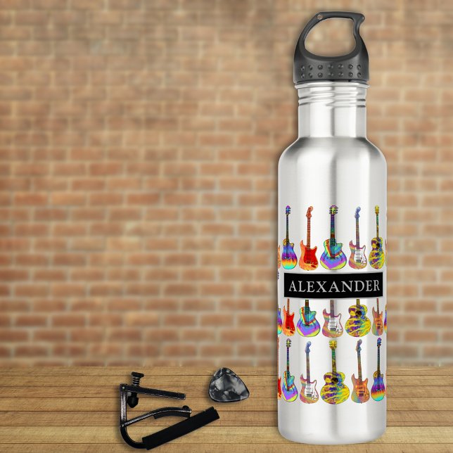 colourful guitar pattern add Name 710 Ml Water Bottle (Colorful guitar pattern personalized add name water bottle funky psychedelic guitars for guitarists )