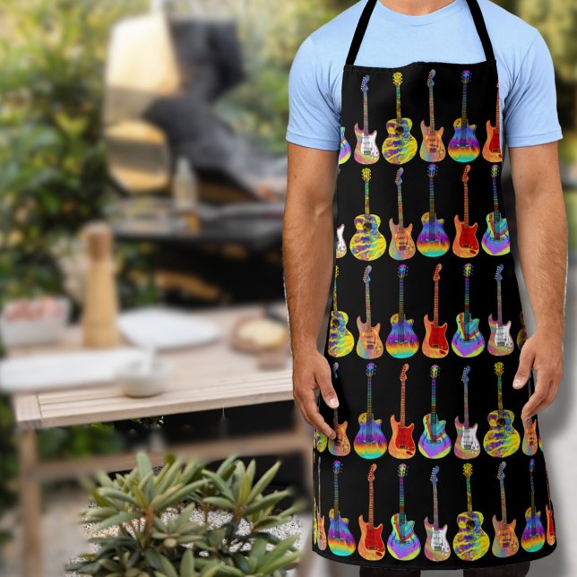Colourful Guitar Pattern Apron (Colorful acoustic electric guitar psychedelic art pattern apron for him Musician guitarist gift)
