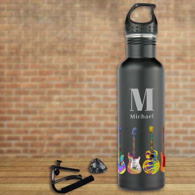 Colourful Guitar Pattern on Black add Name 710 Ml Water Bottle (Funky guitar pattern on black personalized monogram water bottle guitarists musicians music lovers)