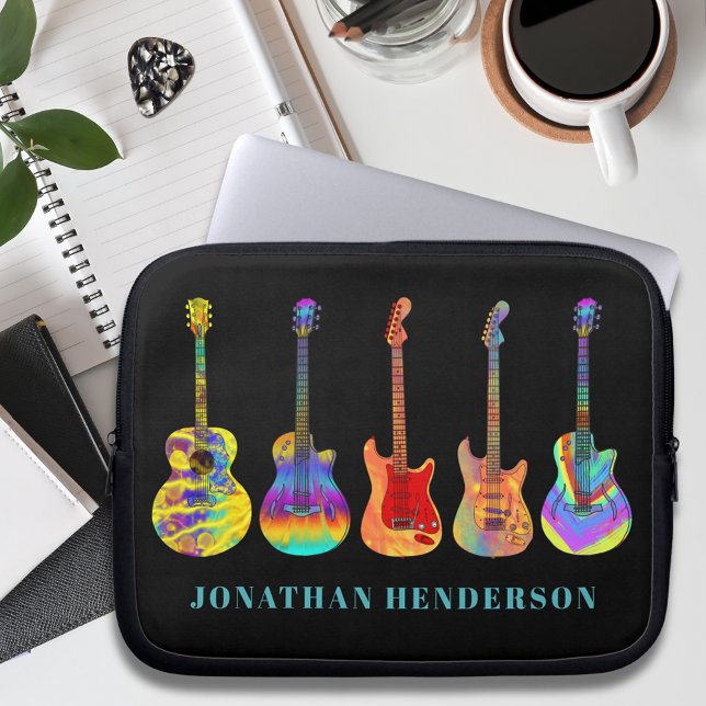 Colourful Guitar Pattern on Black add Name Laptop Sleeve (Colorful guitar pattern on black personalized name laptop sleeve guitarist or musician gift)