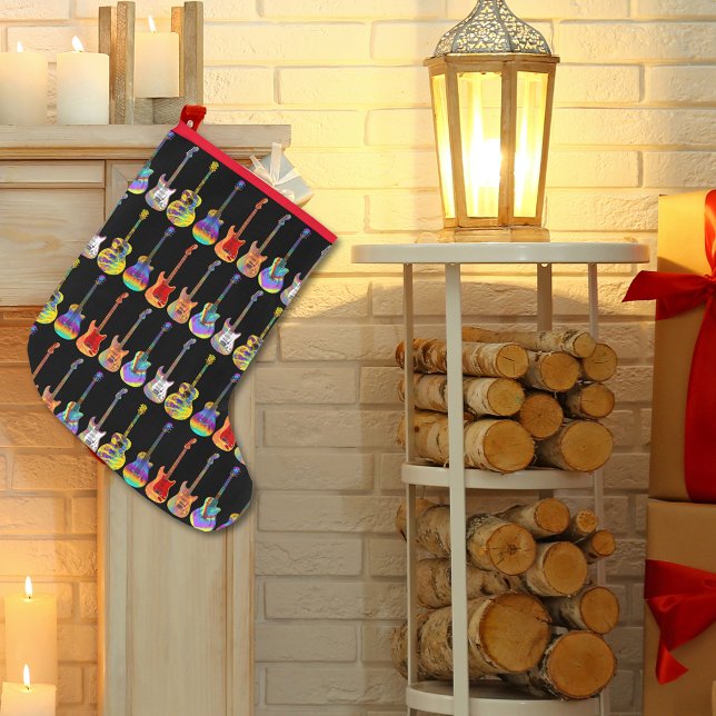 Colourful Guitar Pattern on Black Large Christmas Stocking (Christmas guitars wearing santa hats pattern on black holiday stocking guitarist musician music )