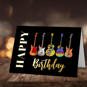 Colourful Guitars Happy Birthday Black and Gold Foil Greeting Card