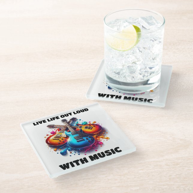 Colourful Guitars Live Life Out Loud with Music Glass Coaster (Angled)