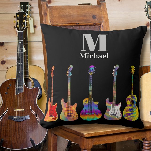 Colourful Guitars Monogram Black Cushion (Colorful guitar pattern custom monogram black pillow for guitarists musicians music guitar teachers)