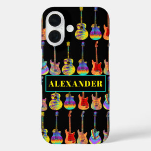 Colourful Guitars on Black add Name iPhone 16 Case