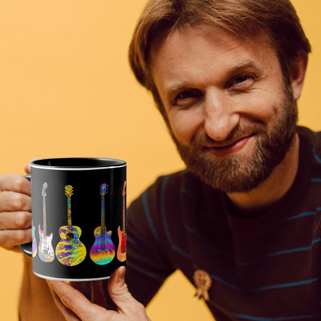 Colourful Guitars on Black Mug (Funky colorful psychedelic guitar pattern  black coffee mug for guitar players and musicians )