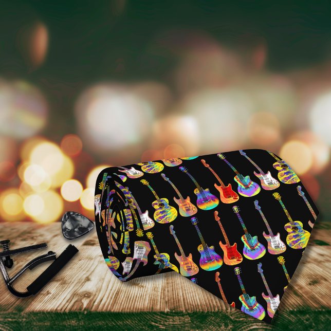 Colourful guitars watercolor pattern tie (Colorful guitar pattern black tie for guitarists, musicians, guitar teachers and music lovers)