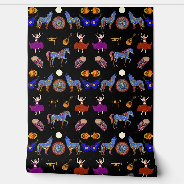 Colourful Gypsy Caravan Folk Art Wallpaper (Unrolling)