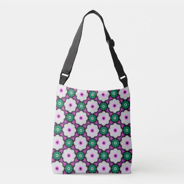 Colourful halftone flowers - pink and green crossbody bag (Front)