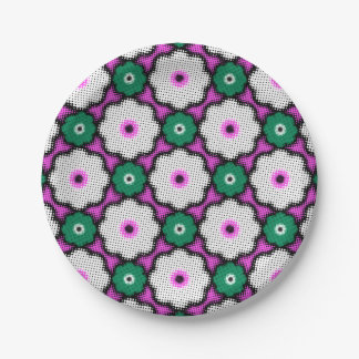 Colourful halftone flowers - pink and green paper plate