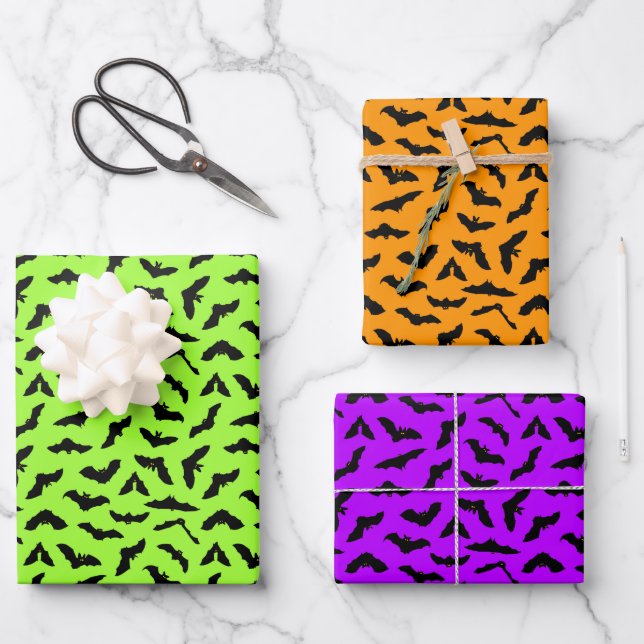 Colourful Halloween Bat Pattern Wrapping Paper Sheet (Front)