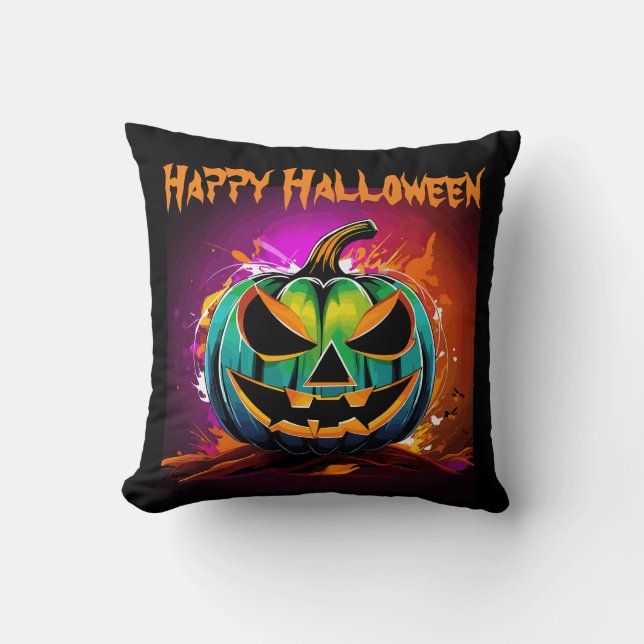 Colourful Halloween Creepy Pumpkin Black Cushion (Front)