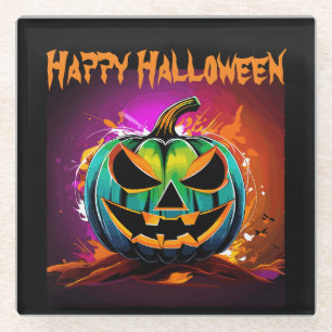 Colourful Halloween Creepy Pumpkin Black Glass Coaster