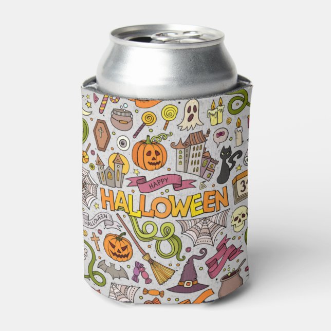 Colourful Halloween Doodles Objects Pattern Can Cooler (Can Front)