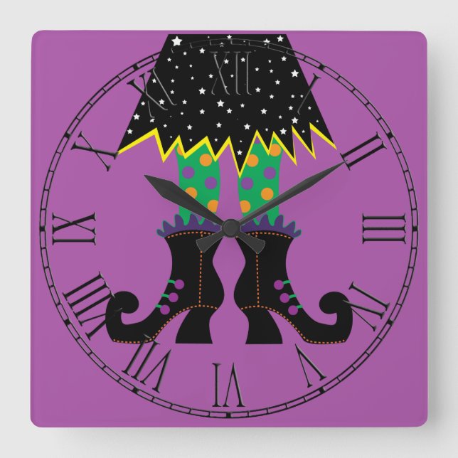 Colourful Halloween Funny Witch Feet Square Wall Clock (Front)
