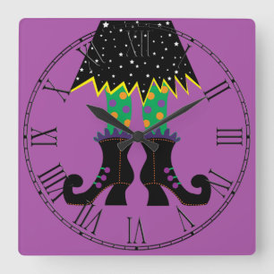 Colourful Halloween Funny Witch Feet Square Wall Clock