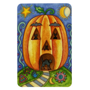 Colourful Halloween Magnet with a Pumpkin and Cats