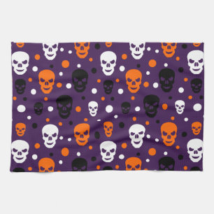 Colourful Halloween Skulls Polka Dots Pattern Tea Towel