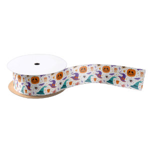 Colourful Halloween Spooky Vibe Symbols Pattern Satin Ribbon