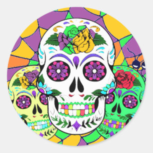 Colourful Halloween Sugar Skulls Classic Round Sticker