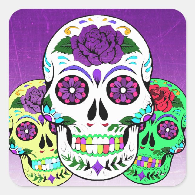 Colourful Halloween Sugar Skulls Square Sticker (Front)
